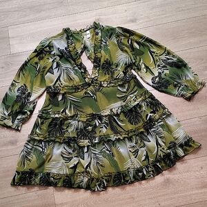 Green Tropical Ruffle V-Neck Mini Dress,  Ladies Plus Size 1X,  Ladies Dress